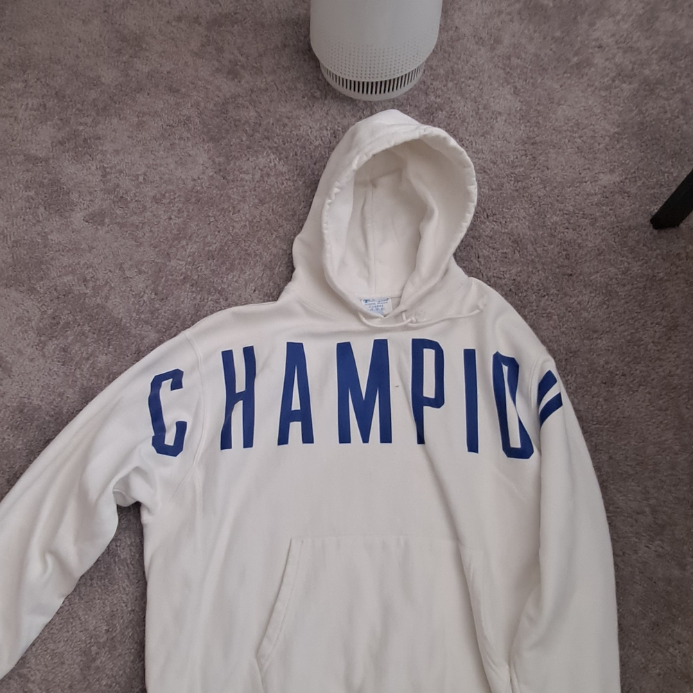 Champion White Hoodie with Blue Lettering